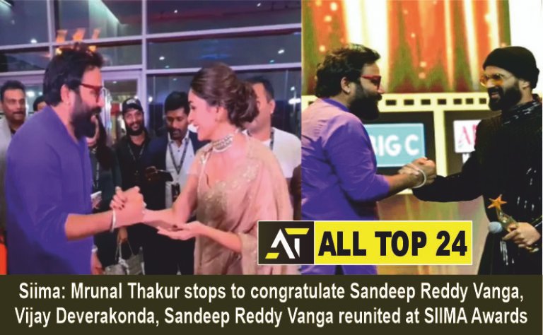 Siima Mrunal Thakur stops to congratulate Sandeep Reddy Vanga Vijay Deverakonda Sandeep Reddy Vanga reunited at SIIMA Awards